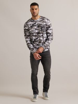 Men's Long Sleeve Monogram Logo Tee in Grey Camo