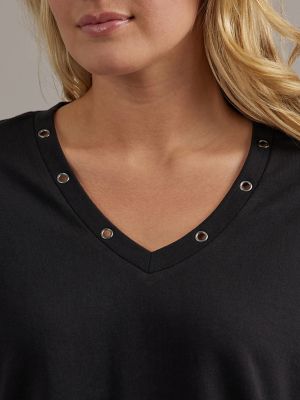 Women's V Neck Grommet Sweatshirt in Black alternative view