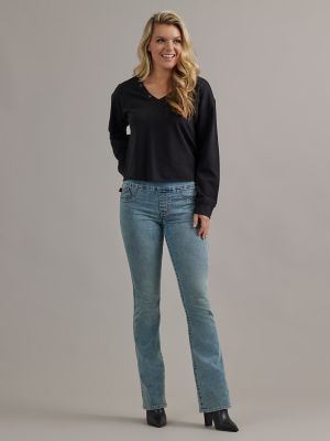 Women's V Neck Grommet Sweatshirt in Black main view