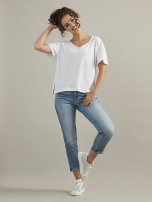 Women's V Neck Oversized Tee in White main view