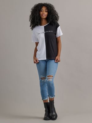 Women's Split Oversized Tee in White & Black main view